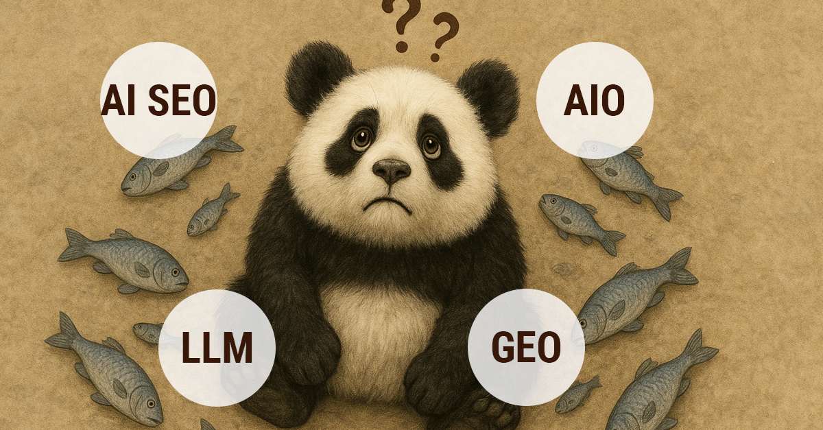 Marketer surrounded by floating AI SEO acronyms trying to connect them together