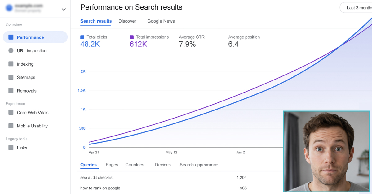 Browser window showing an AI search visibility chart trending sharply upward, with a small callout window of a business owner reacting in surprise.