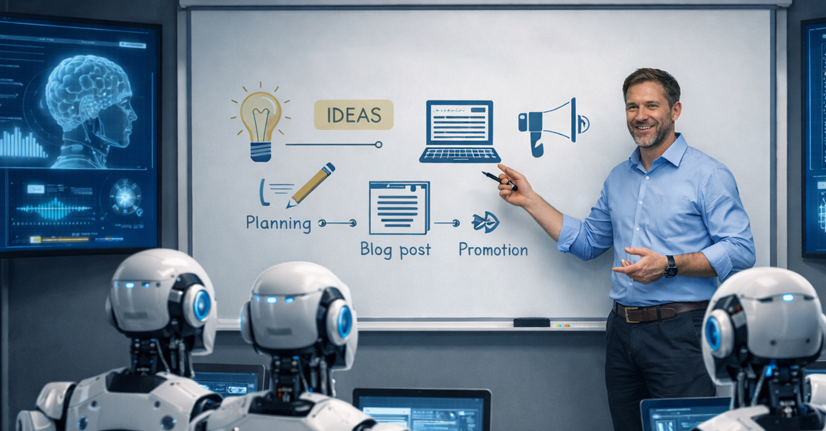 Strategist annotating entity relationships on sticky notes for AI SEO planning.