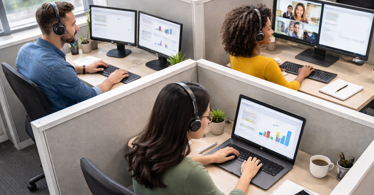 Three colleagues collaborating at a desk with laptops and notebooks.