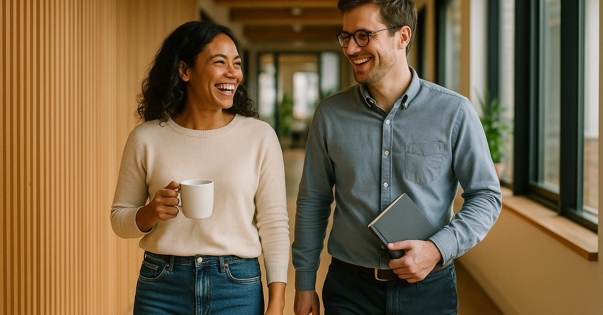 Two coworkers walk side by side down a warm wooden office hallway, laughing together mid-conversation, one holding a coffee mug and the other a notebook.