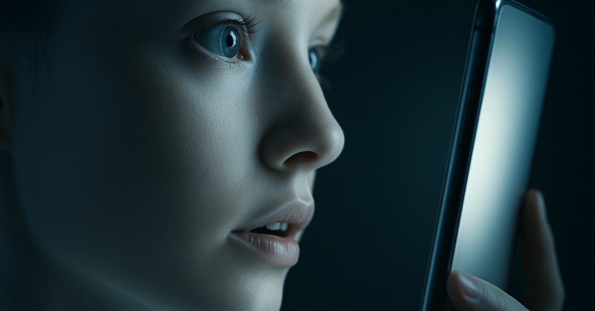 Extreme close-up of a young woman's face in profile, wide-eyed with curiosity as she looks closely at the glowing screen of a phone she holds near her face.