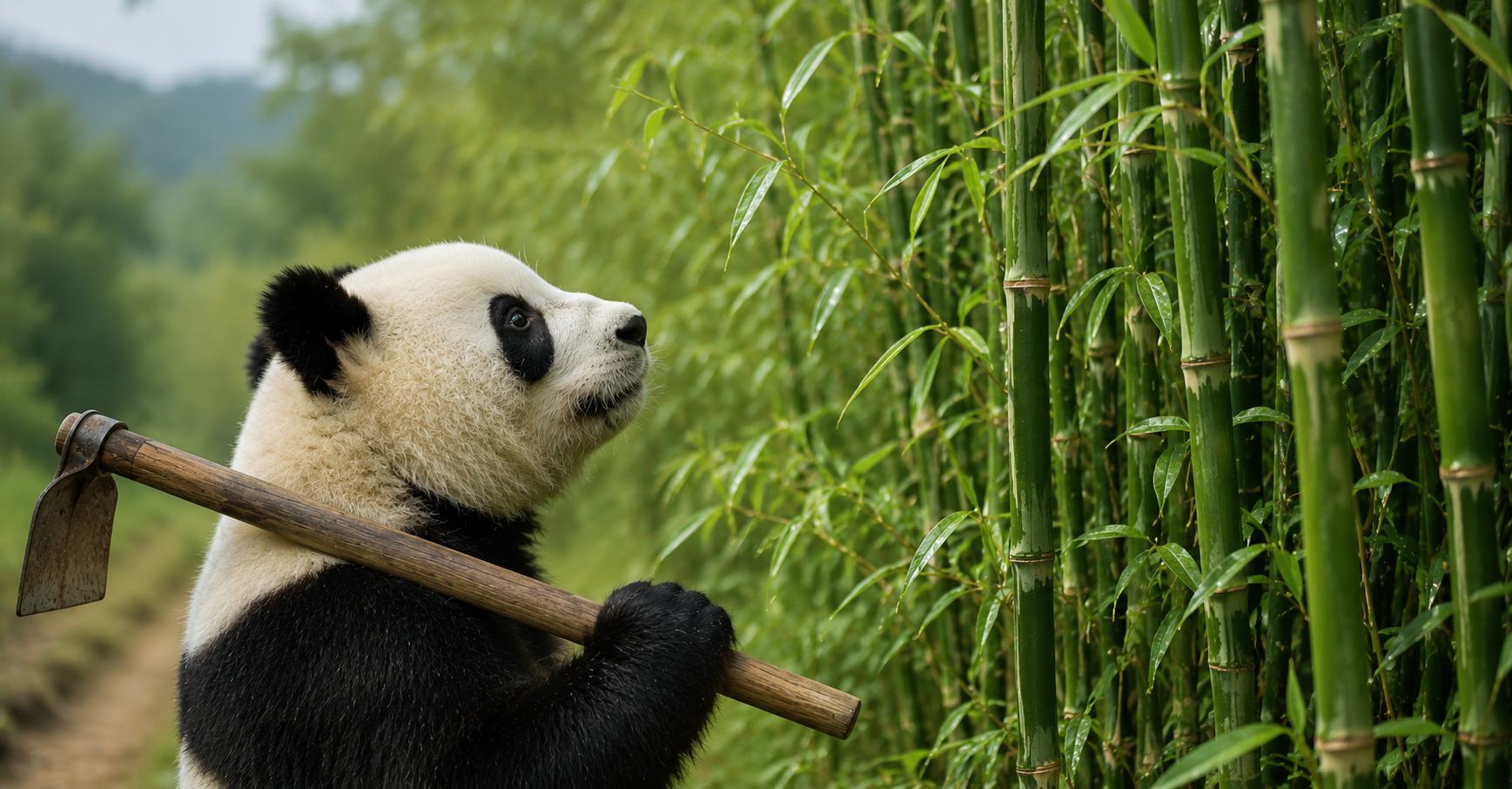 A panda sitting at the edge of a small bamboo field, looking out at it with a thoughtful, uncertain expression, wondering whether it is enough.