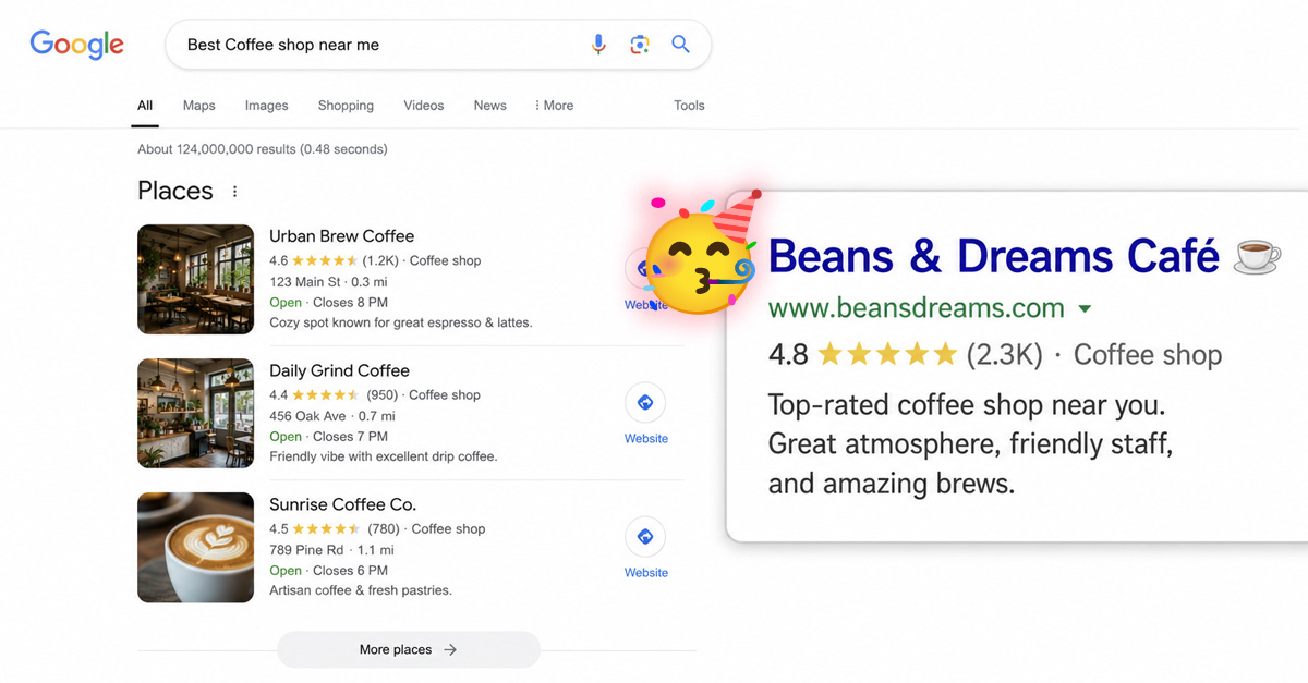 Emoji characters appearing inside a search result title, illustrating emoji usage in SEO title tags.