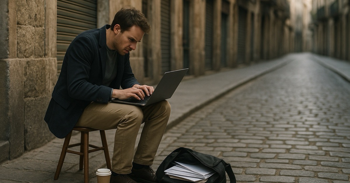 A man on a wooden stool on the sidewalk of an old cobblestone street, typing on a laptop in a rush, with a coffee cup and a bag of papers at his feet.