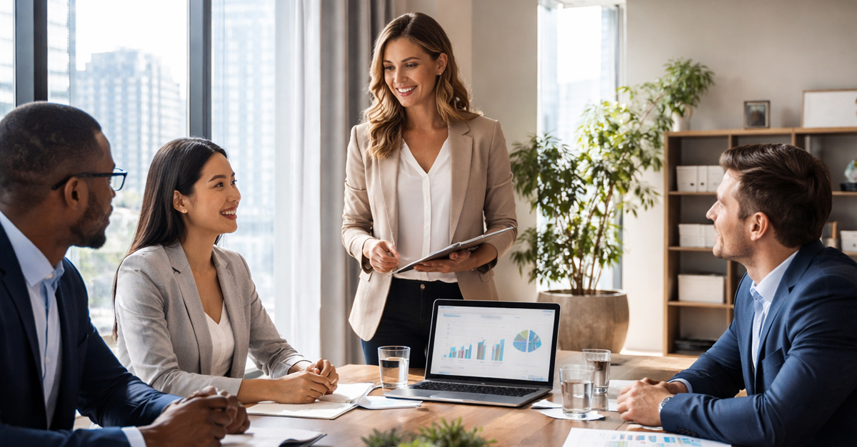 Professional team reviewing structured data for a service business.