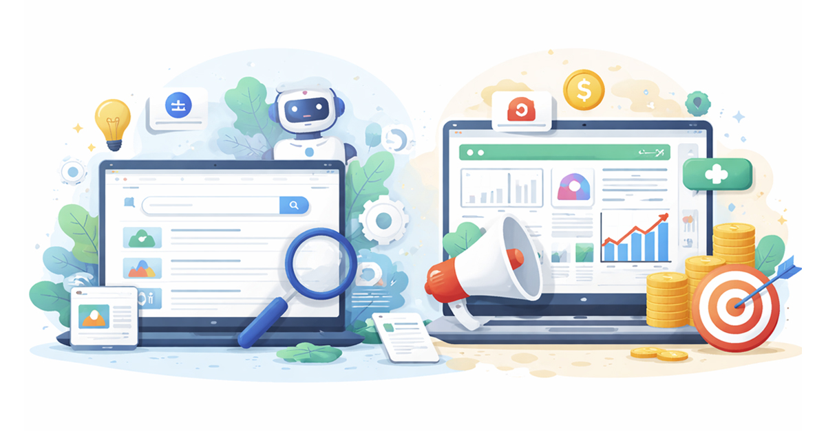Small business marketer comparing AI SEO roadmap with paid advertising plan.