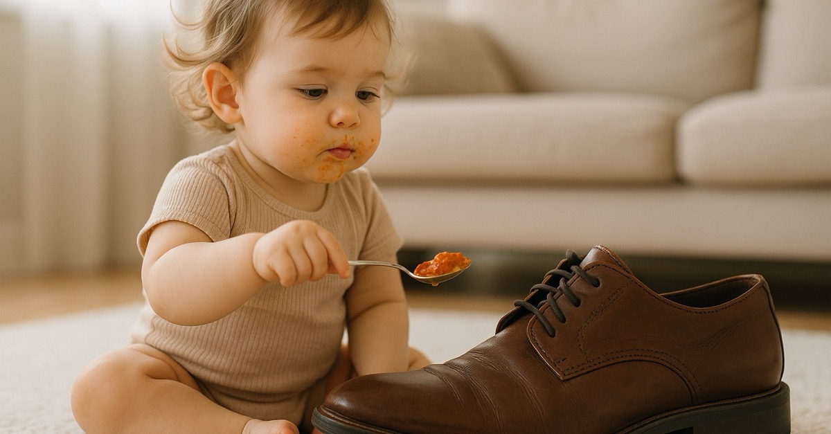 A curious toddler sitting on a bright living room floor, food on her lips, holding a spoonful of food and sauce out to her dad's leather shoe as if to feed it.