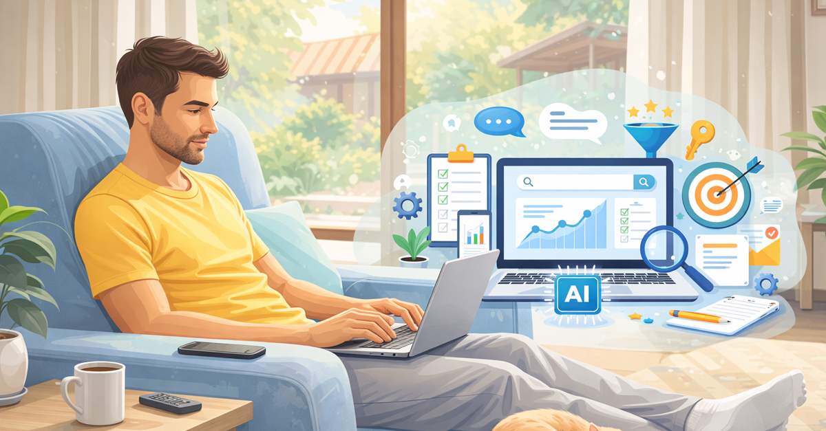 Marketer reviewing AI SEO weekend checklist on a quiet Saturday morning.